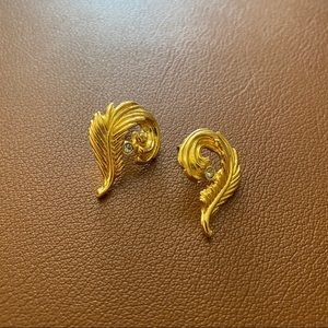 Vintage Feather with Rhinestone Gold Post Stud Earrings